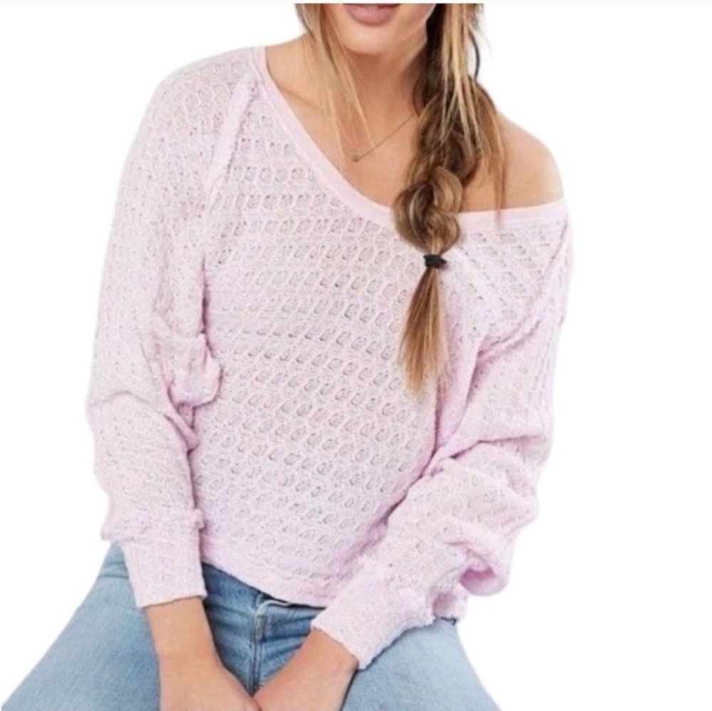 Free People We The Free Thien Hacci V Neck Pink Tee Top XS Beach Sweater